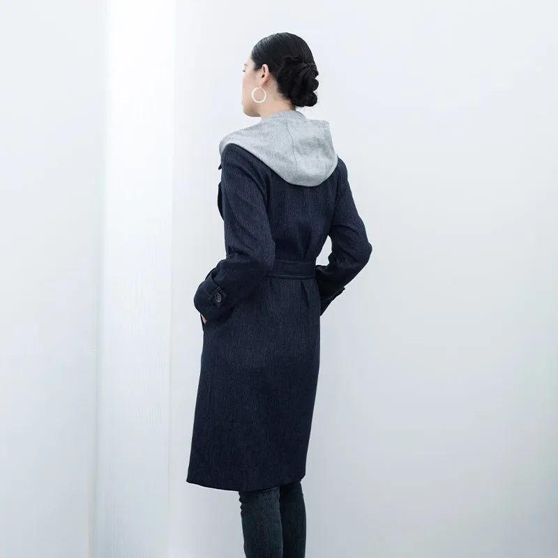 Navy Blue Long Denim Trench Coats