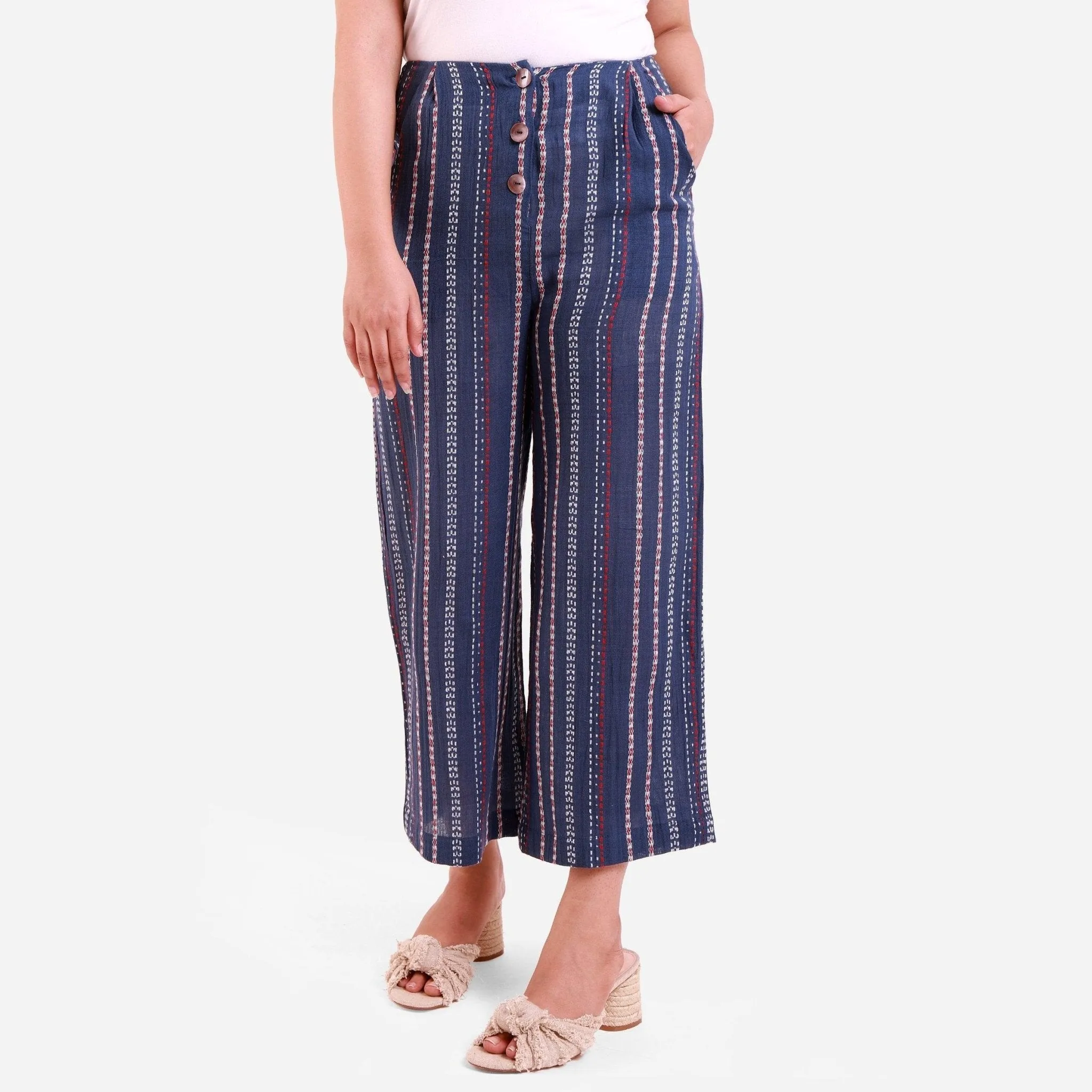 Navy Blue Striped Crinkled Cotton Mid-Rise Culottes