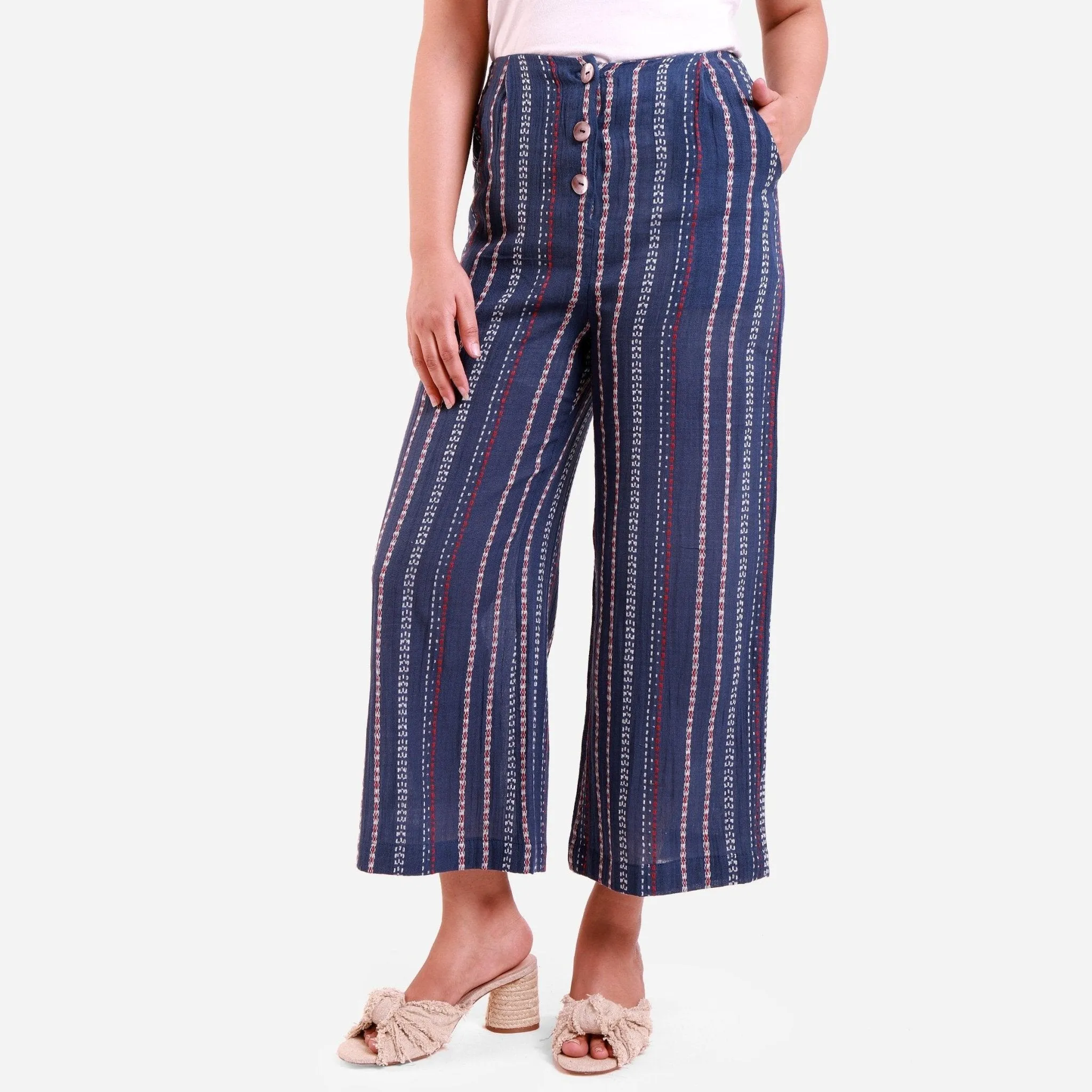 Navy Blue Striped Crinkled Cotton Mid-Rise Culottes