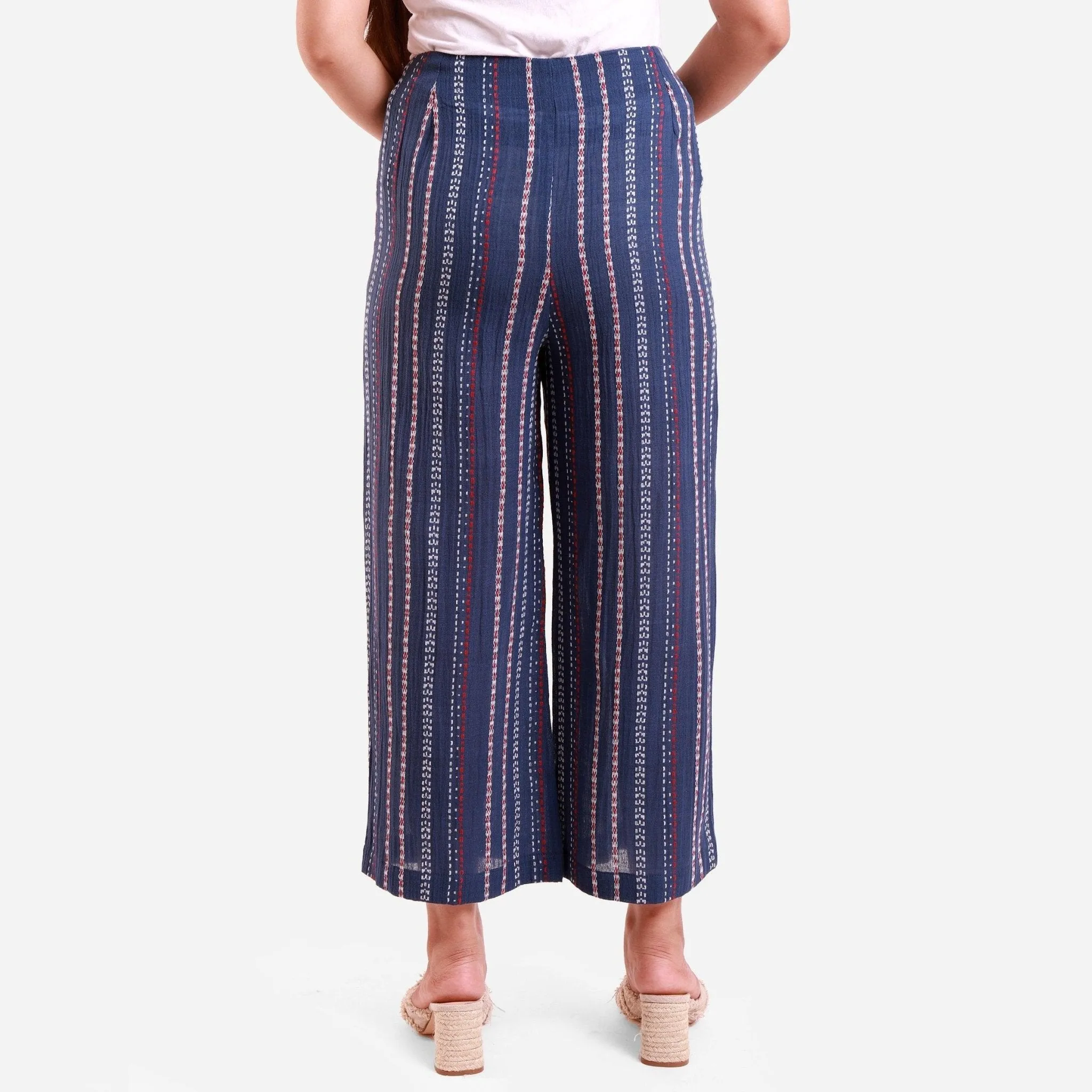 Navy Blue Striped Crinkled Cotton Mid-Rise Culottes