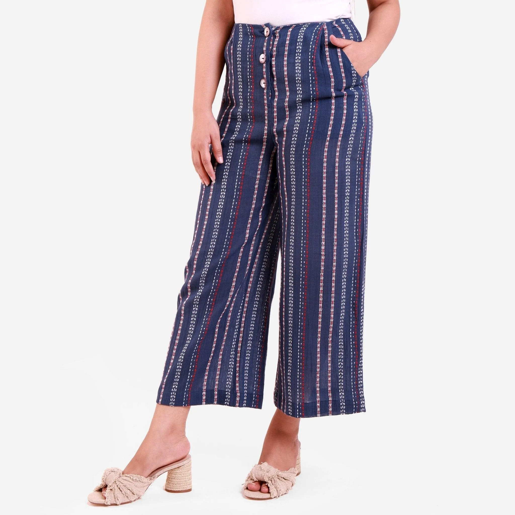 Navy Blue Striped Crinkled Cotton Mid-Rise Culottes