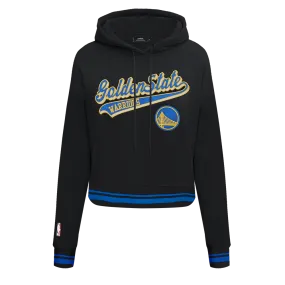 NBA GOLDEN STATE WARRIORS SCRIPT TAIL WOMEN'S RIB FLC CROPPED PO HOODIE (BLACK/ROYAL BLUE/BLACK)