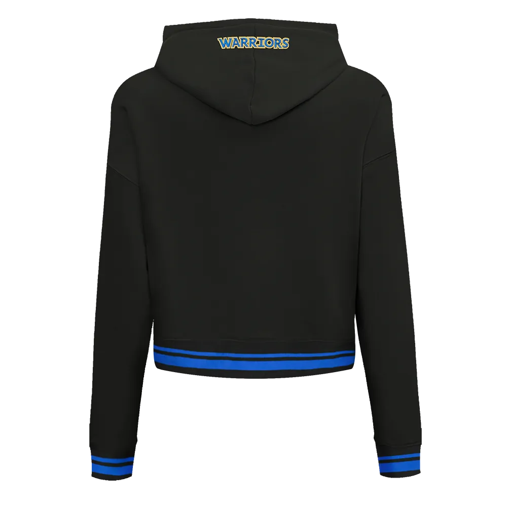 NBA GOLDEN STATE WARRIORS SCRIPT TAIL WOMEN'S RIB FLC CROPPED PO HOODIE (BLACK/ROYAL BLUE/BLACK)