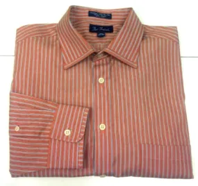 New- Paul Fredrick Trim Fit- Orange/Blue Stripe Dress Shirt- Size (16.5 x 34)