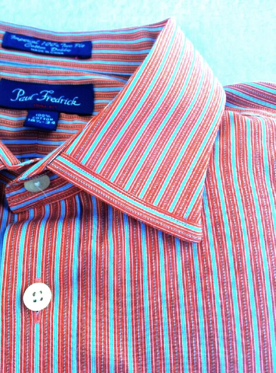 New- Paul Fredrick Trim Fit- Orange/Blue Stripe Dress Shirt- Size (16.5 x 34)