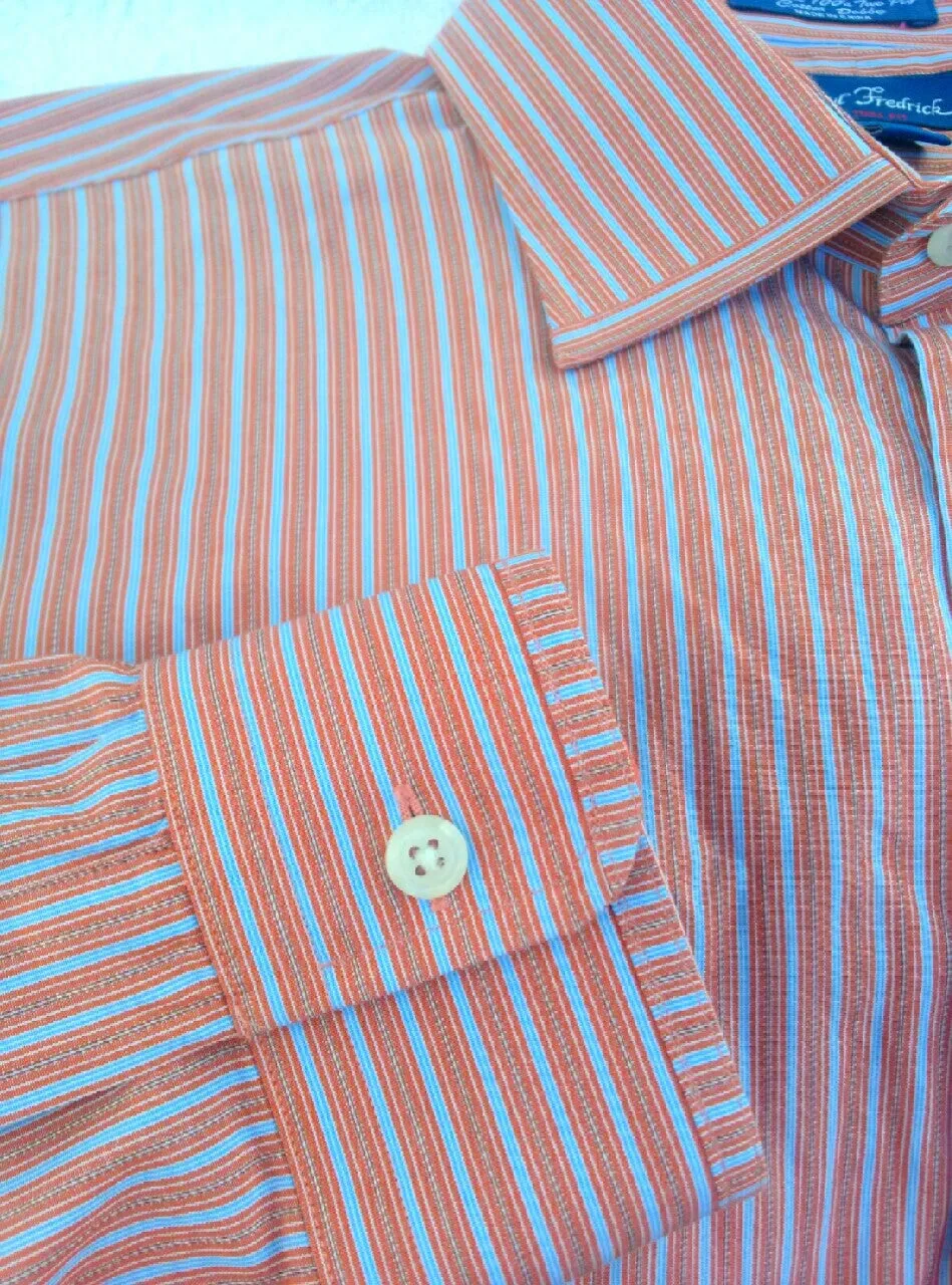 New- Paul Fredrick Trim Fit- Orange/Blue Stripe Dress Shirt- Size (16.5 x 34)