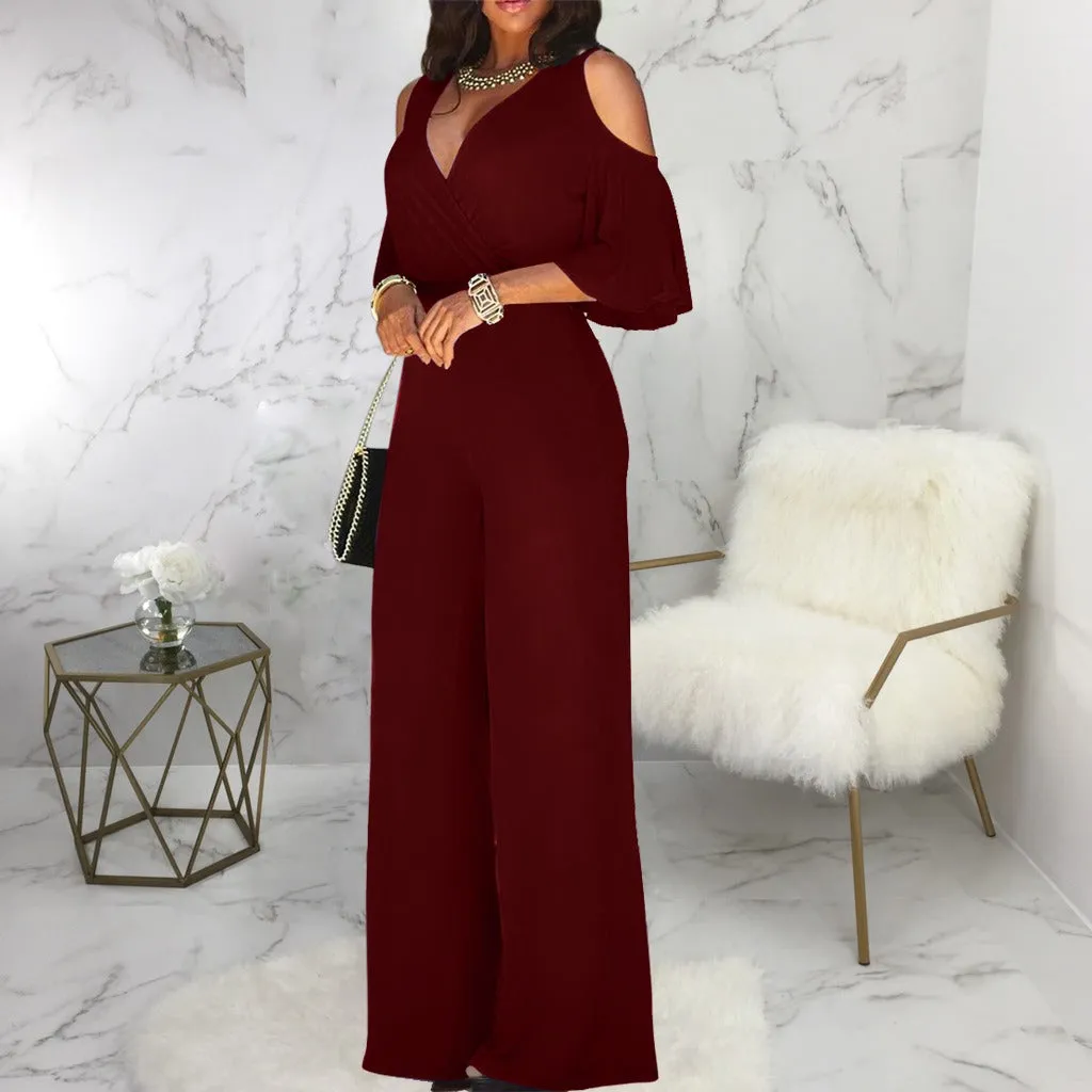 Off Shoulder Flare Sleeve Wide Leg Pants Jumpsuit Elegant Loose Romper