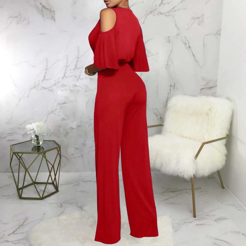 Off Shoulder Flare Sleeve Wide Leg Pants Jumpsuit Elegant Loose Romper