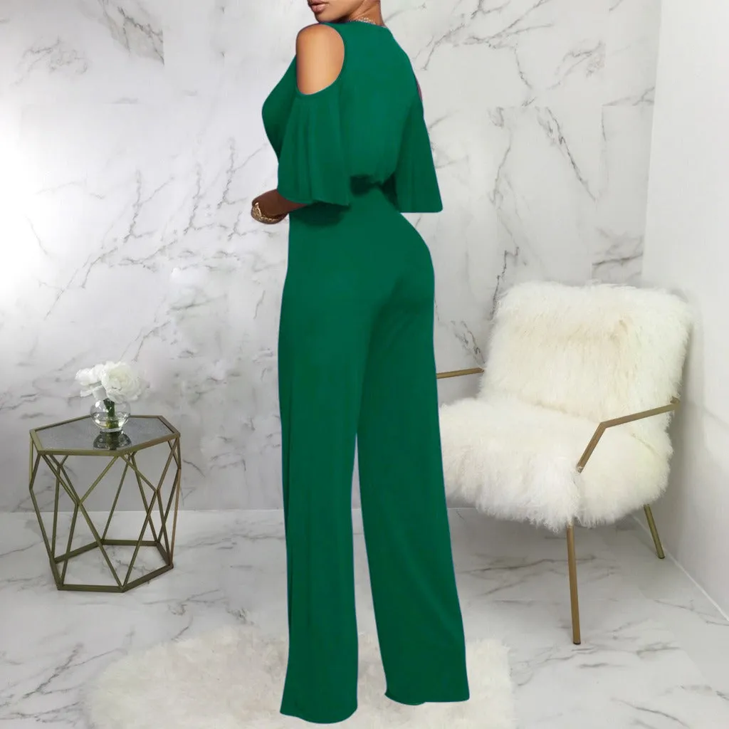 Off Shoulder Flare Sleeve Wide Leg Pants Jumpsuit Elegant Loose Romper