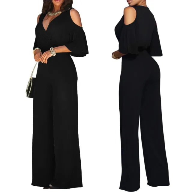 Off Shoulder Flare Sleeve Wide Leg Pants Jumpsuit Elegant Loose Romper