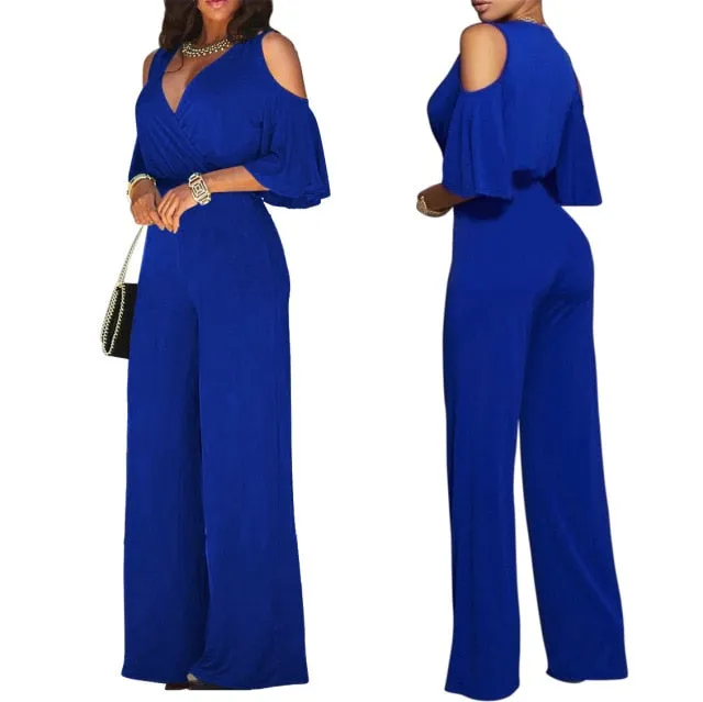 Off Shoulder Flare Sleeve Wide Leg Pants Jumpsuit Elegant Loose Romper