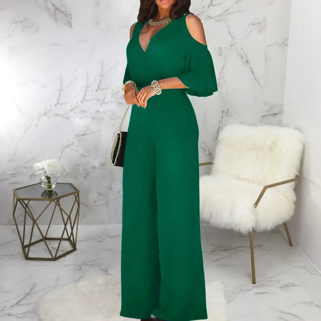 Off Shoulder Flare Sleeve Wide Leg Pants Jumpsuit Elegant Loose Romper