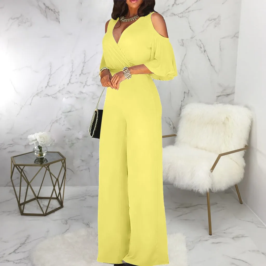 Off Shoulder Flare Sleeve Wide Leg Pants Jumpsuit Elegant Loose Romper