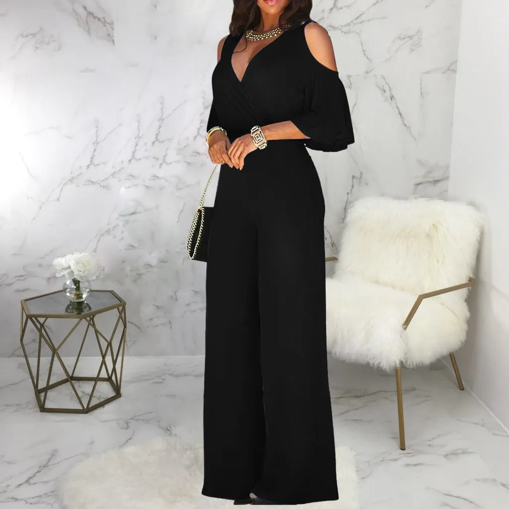 Off Shoulder Flare Sleeve Wide Leg Pants Jumpsuit Elegant Loose Romper