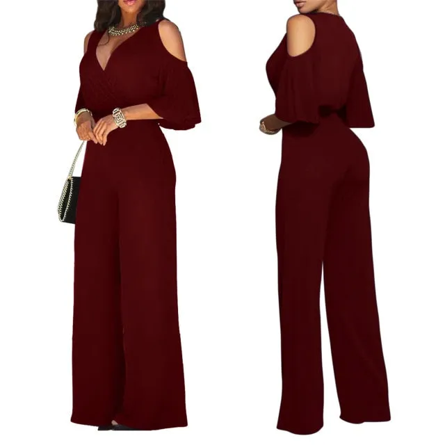 Off Shoulder Flare Sleeve Wide Leg Pants Jumpsuit Elegant Loose Romper