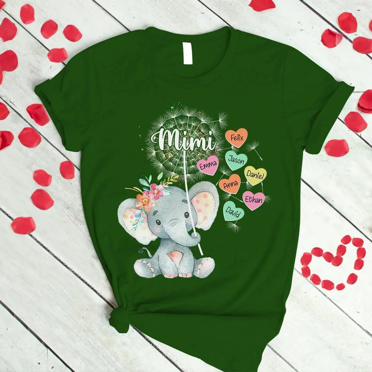 Personalized Grandma Elephant Dandelion with Grandkids Heart T Shirt