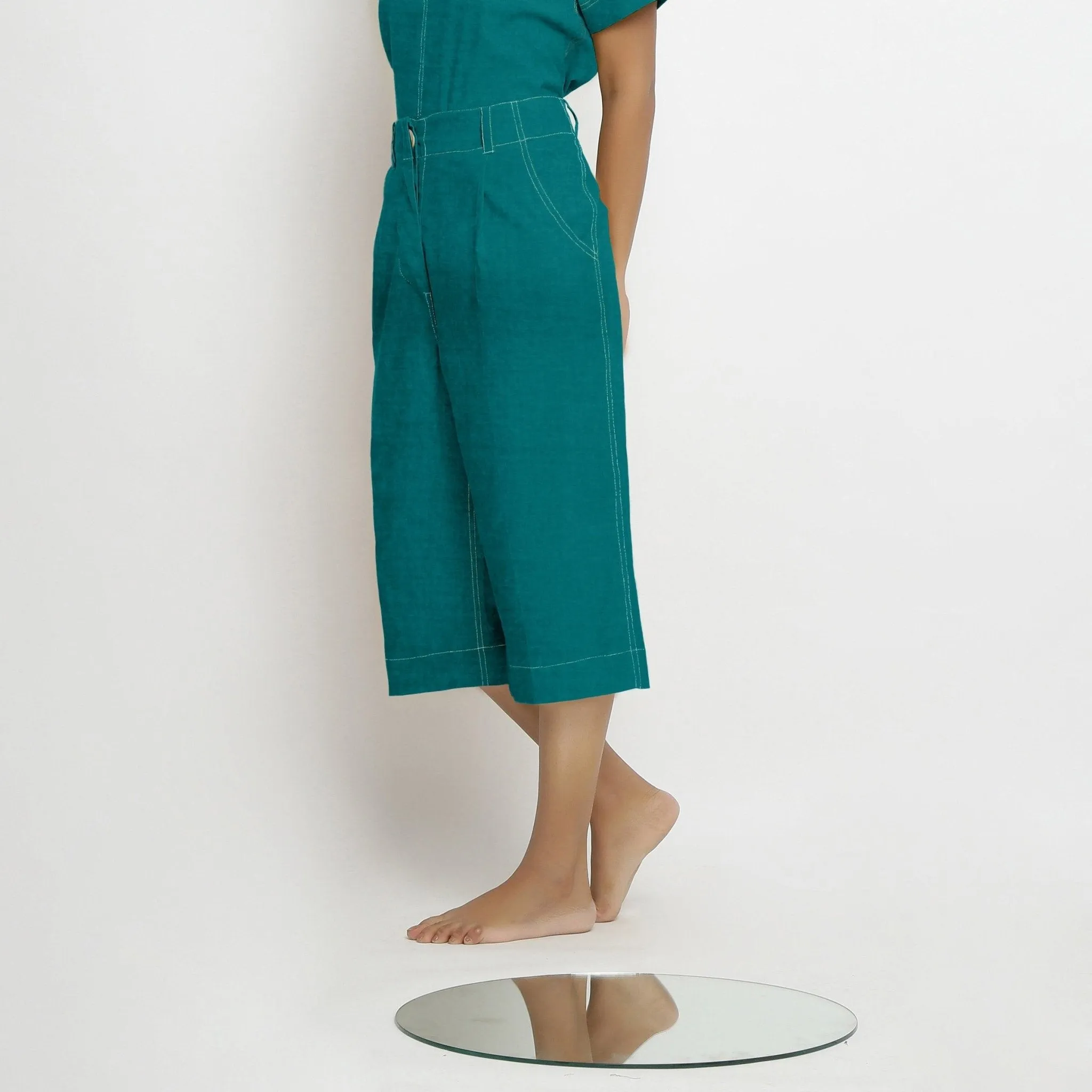 Pine Green 100% Linen Banded Mid-Rise Culottes