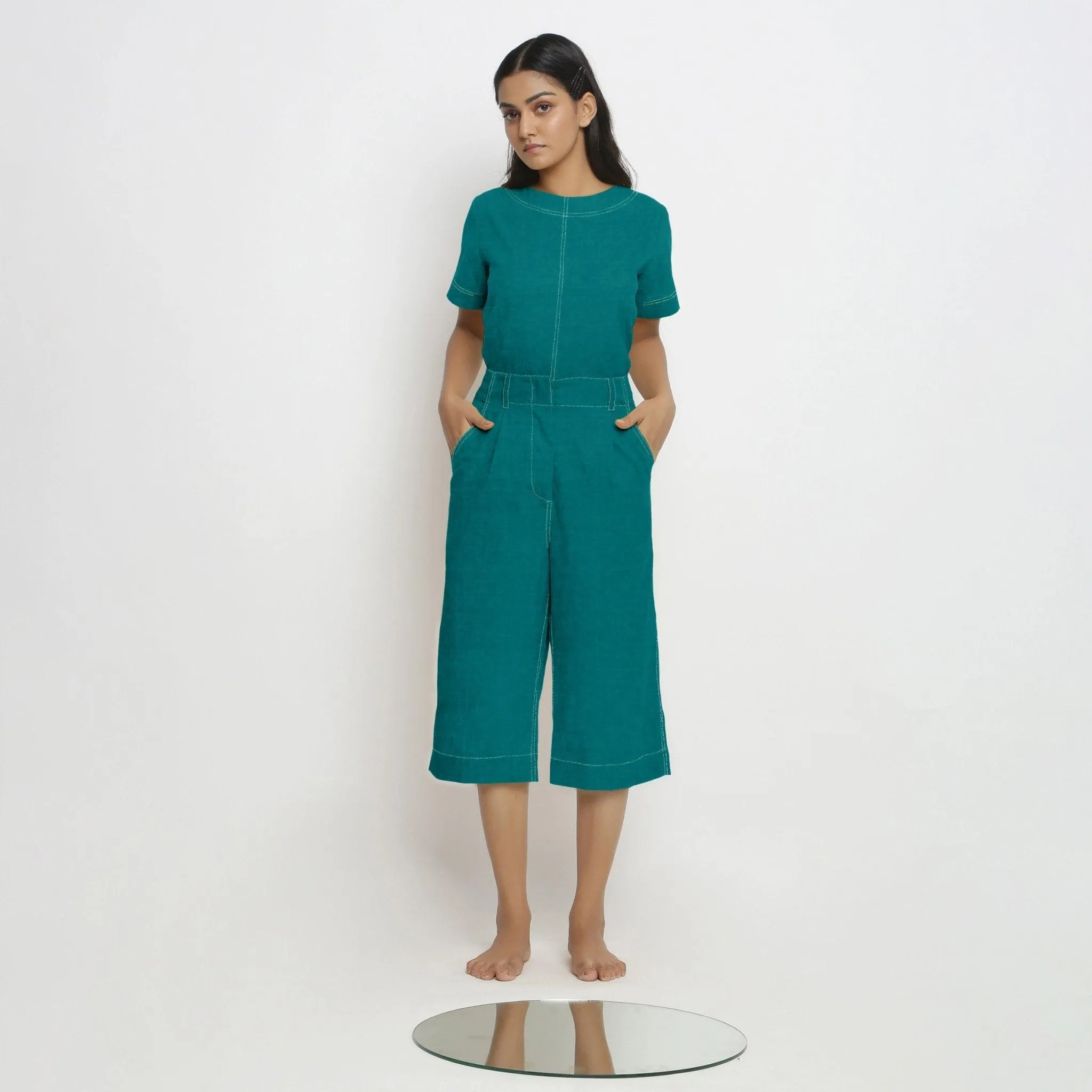 Pine Green 100% Linen Banded Mid-Rise Culottes