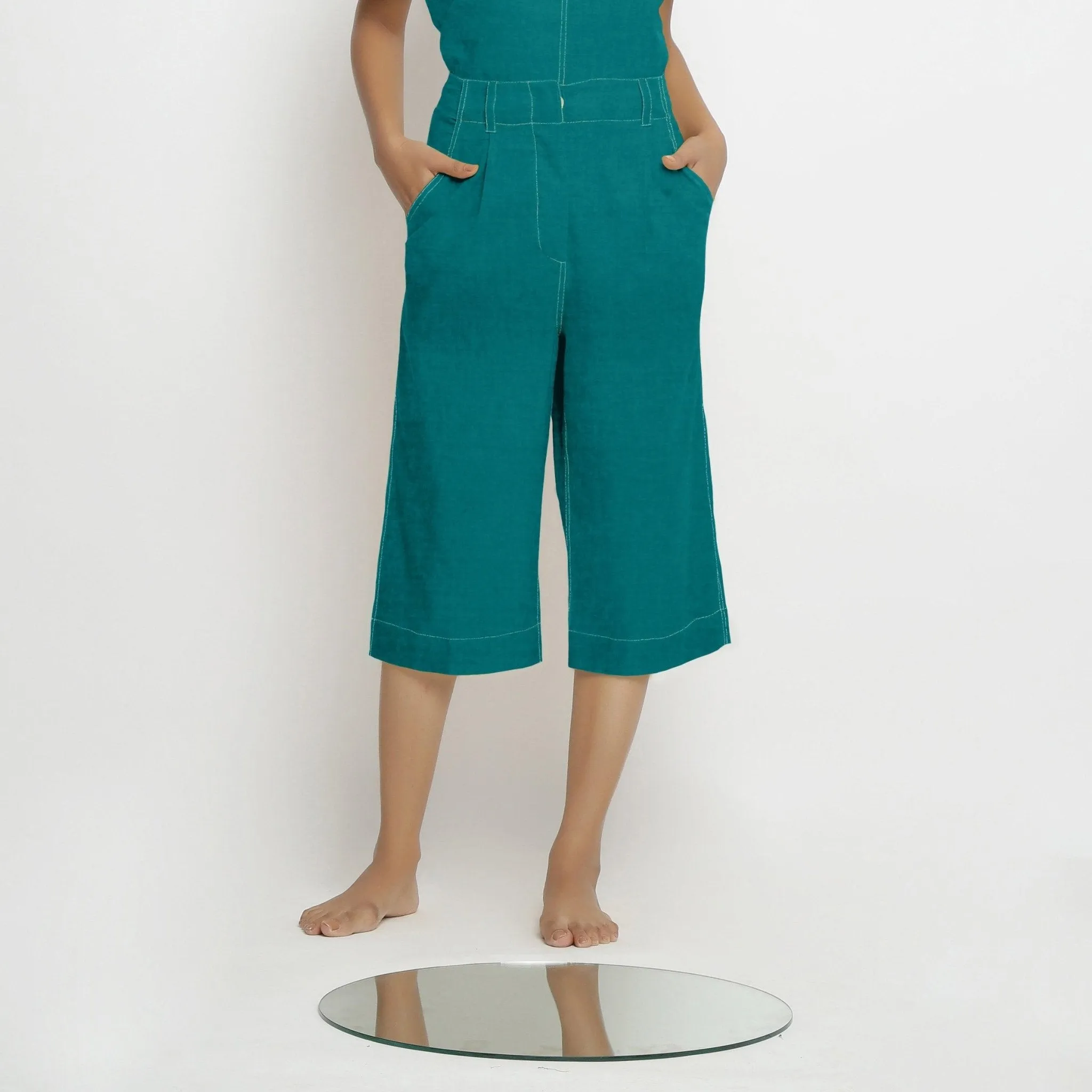 Pine Green 100% Linen Banded Mid-Rise Culottes