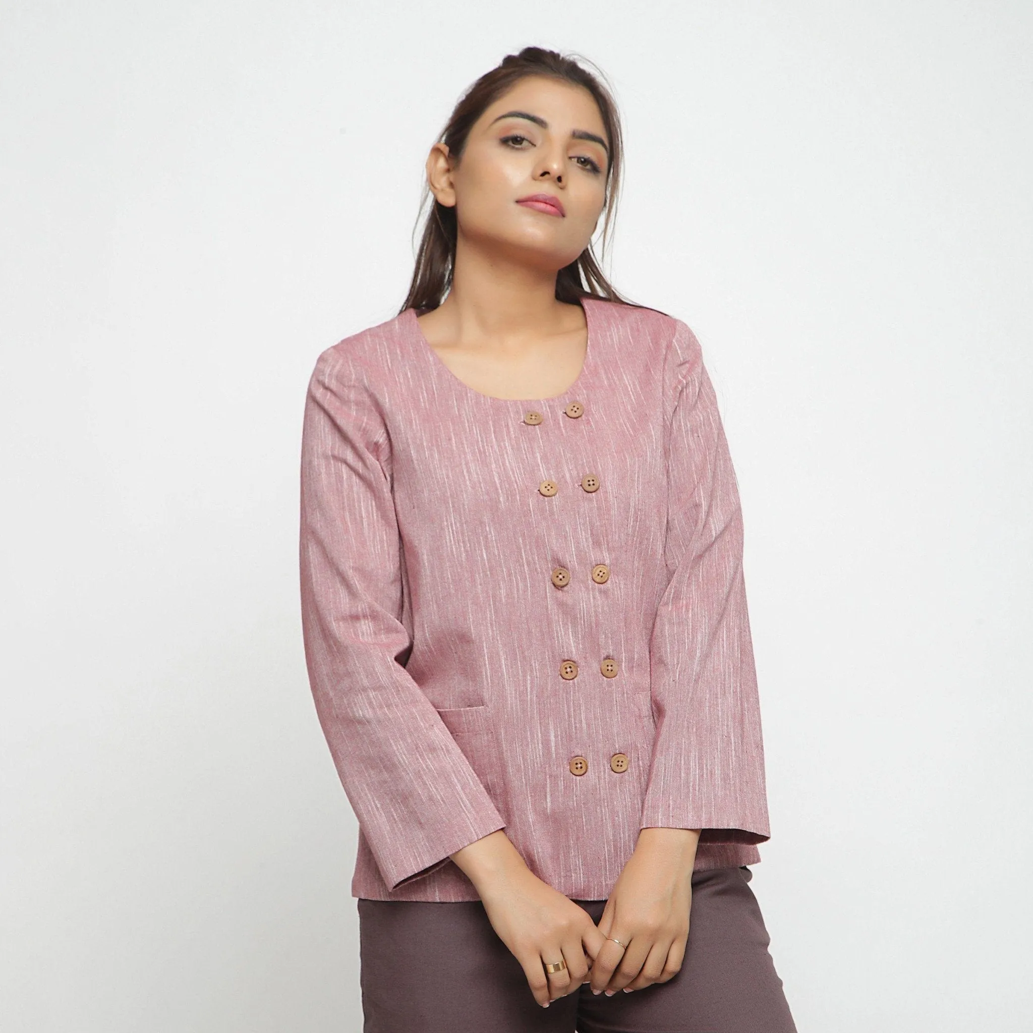 Pink Cotton Flax Double-Breasted Button-Down Jacket