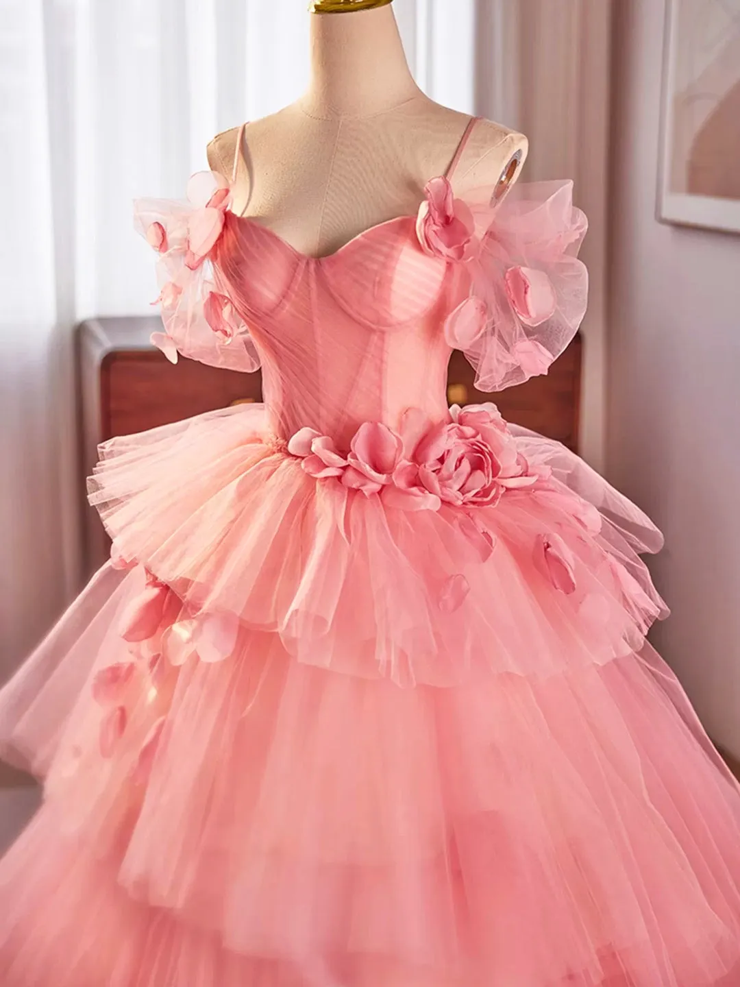 Pink Spaghetti Strap Tulle Floor Length Formal Evening Dress