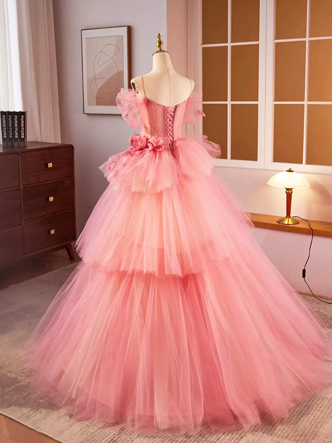 Pink Spaghetti Strap Tulle Floor Length Formal Evening Dress