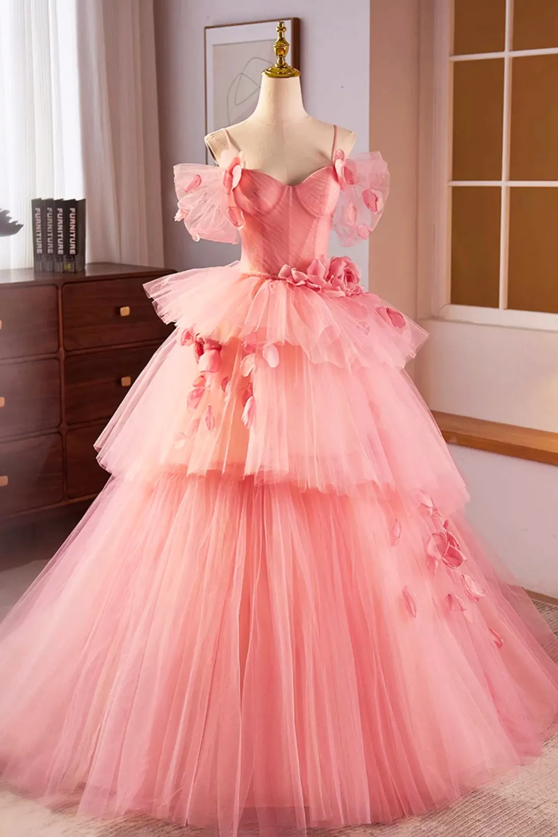 Pink Spaghetti Strap Tulle Floor Length Formal Evening Dress