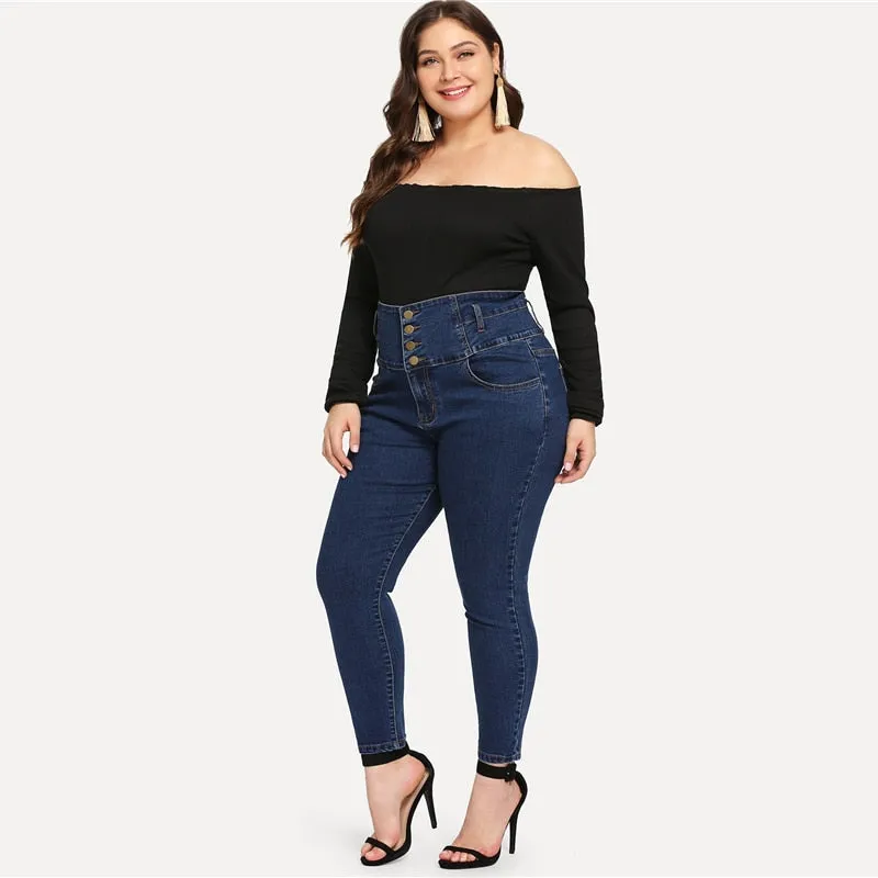 Plus Size Single Breasted High Waist Spring Casual Double Pocket Stretchy Pants For Women