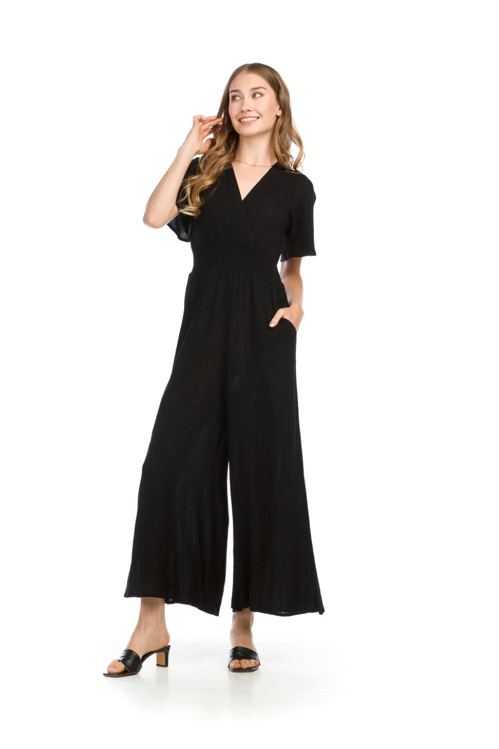 PP16844 BLACK Crinkle Short Sleeve Jumpsuit with Elastic Waist &