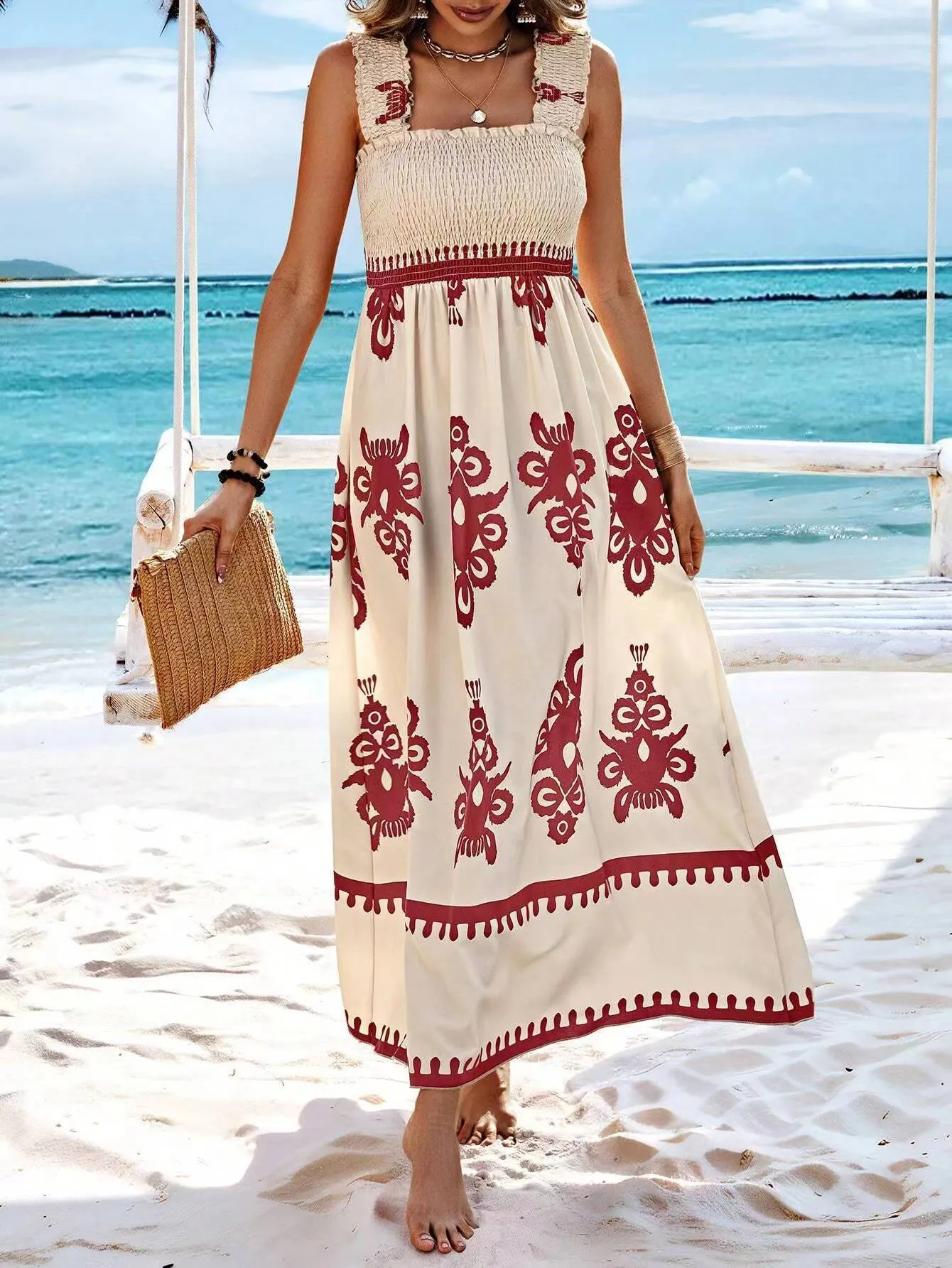 Printed Chest Wrapped Beach Dress