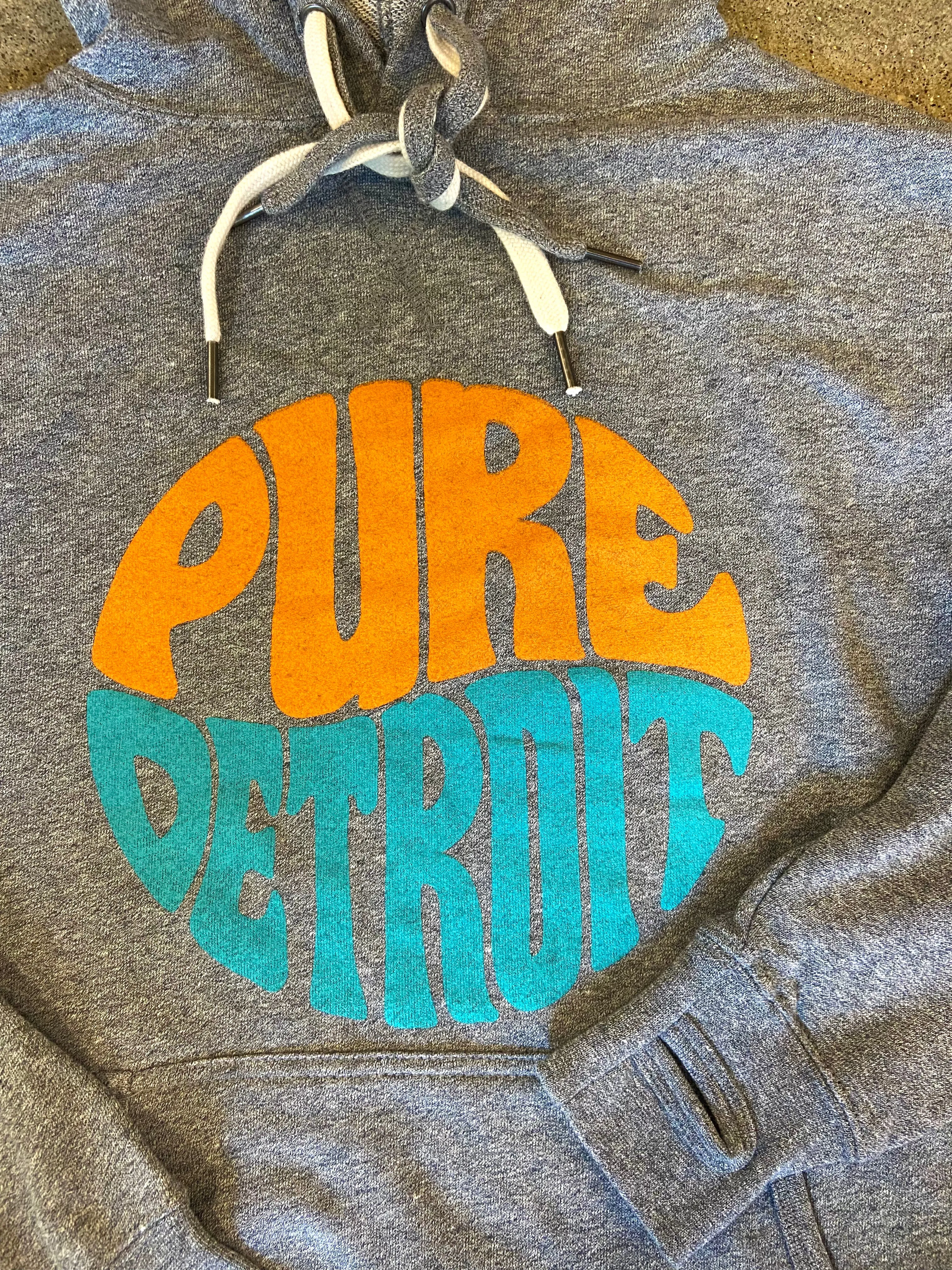 Pure Detroit Retro Terry Hooded Pullover /  Orange, Aqua   Heather Gray / Unisex