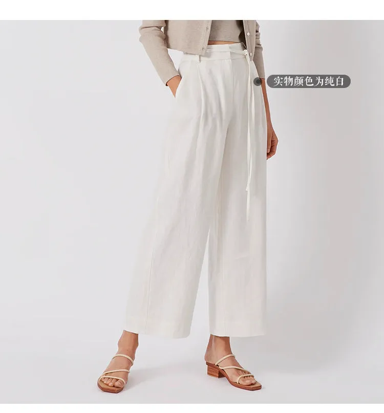 Pure Linen Lace up Cropped Pants Spring Summer Slimming Wide Leg Pants Office High Waist Work Pant Women