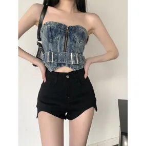 Retro Denim Tube Top Irregular High Waist Shorts