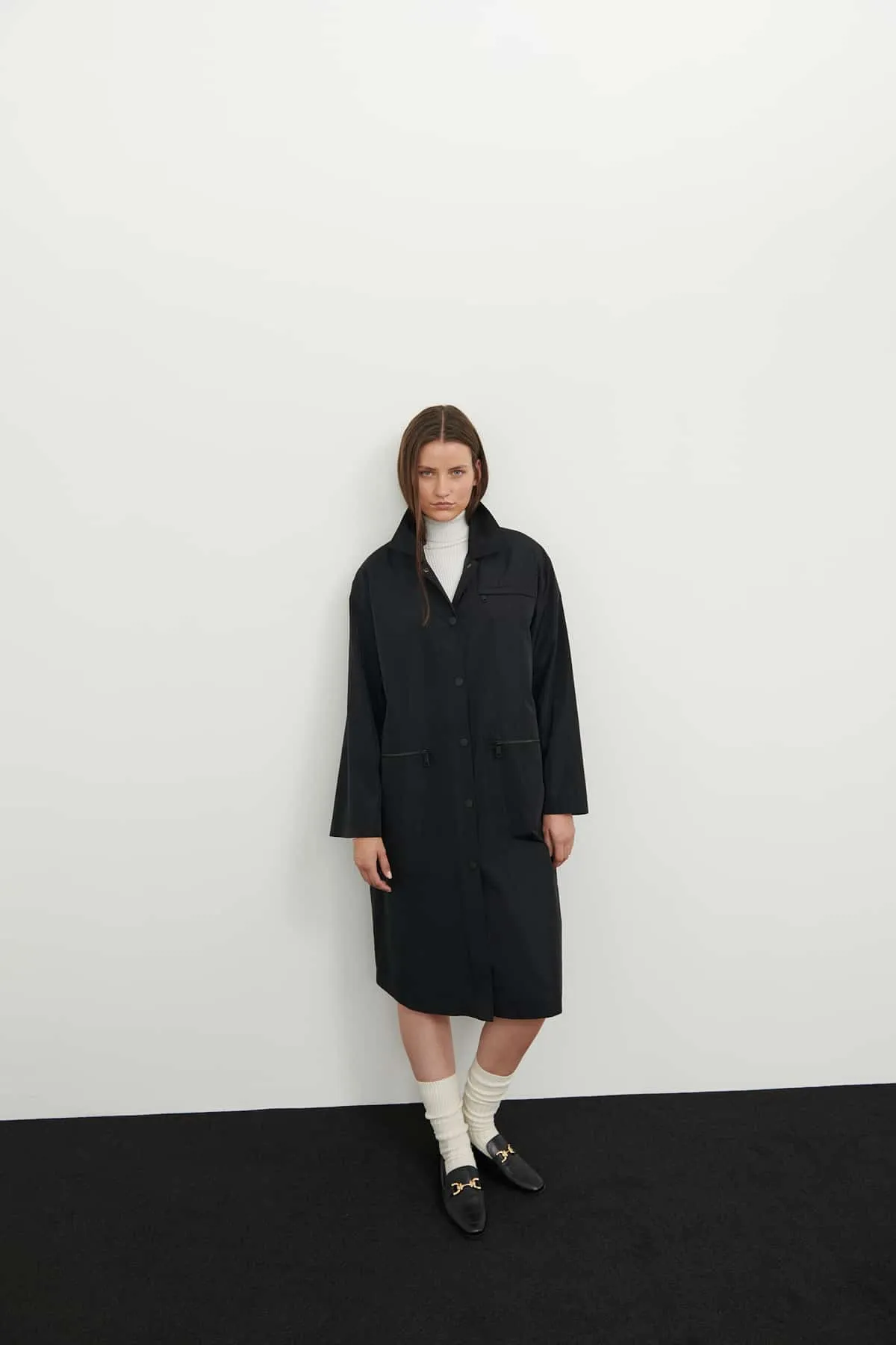 Roman Solid Midi Trench Coat Black