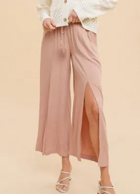 Ruffle High-Waist Wide Pant with Front Slits