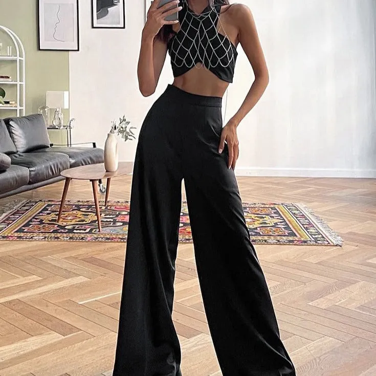 Satin High Waist Palazzo Pants With Top Set - KAHLO