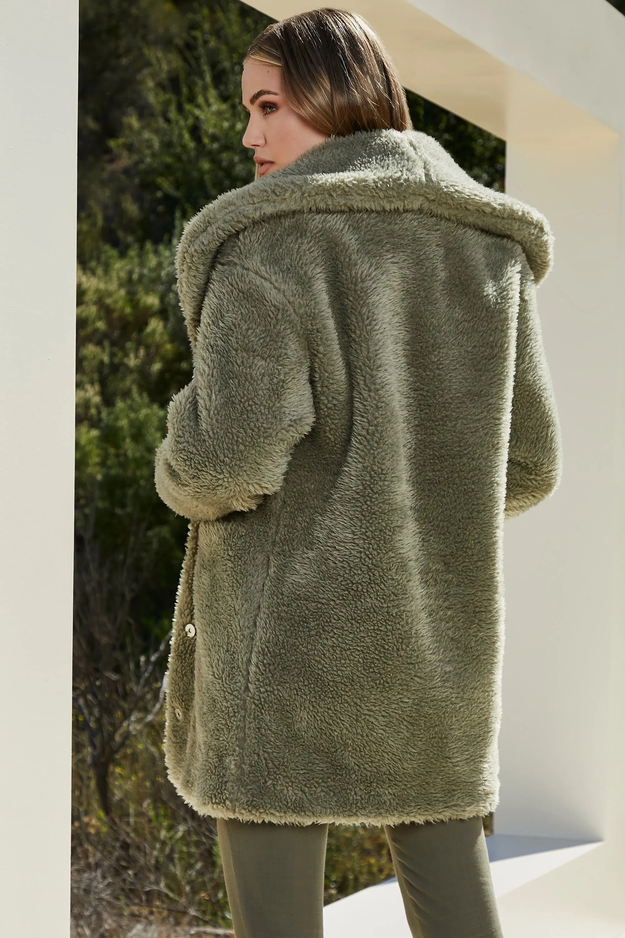 Shawl Collar Teddy Coat in Sage