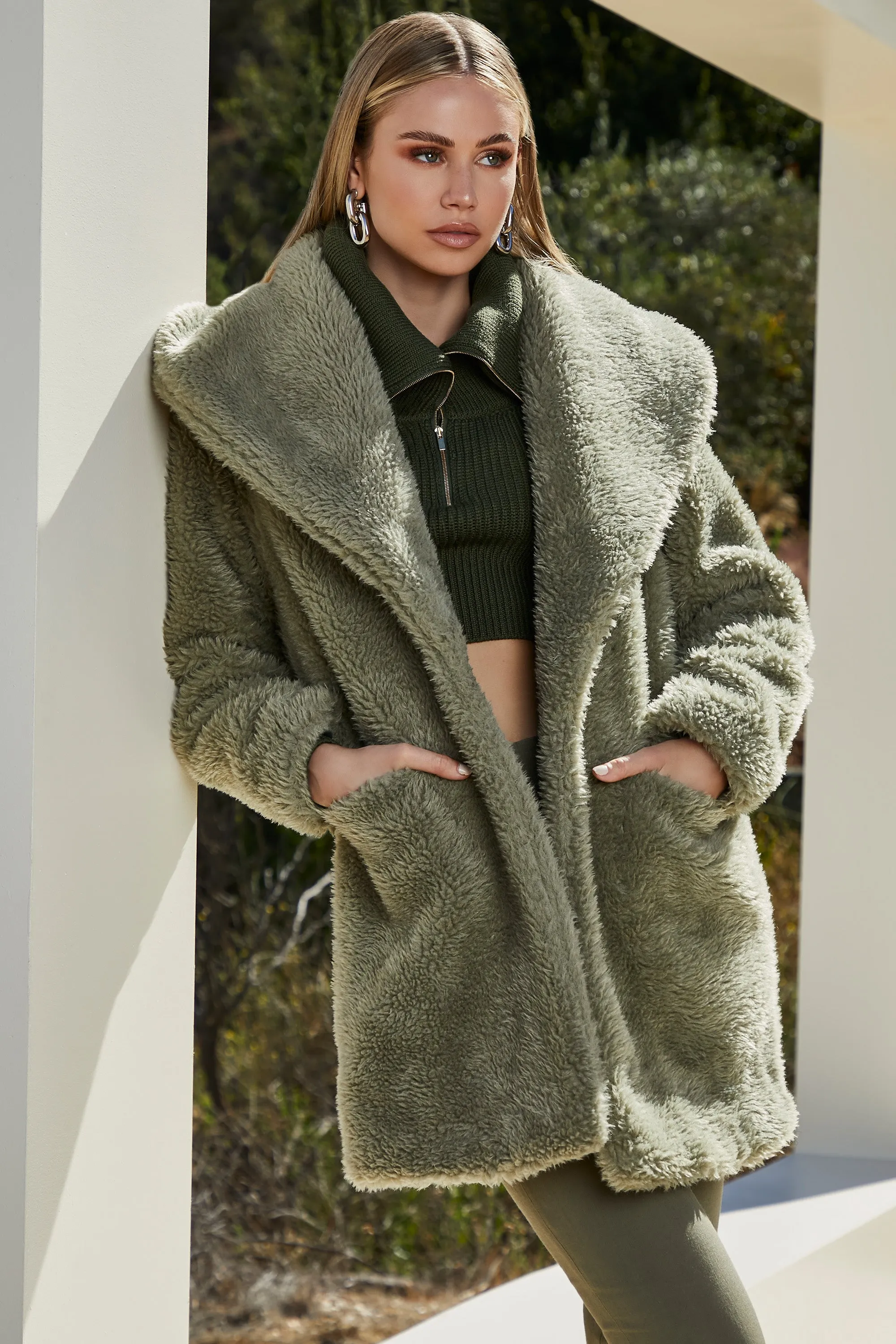 Shawl Collar Teddy Coat in Sage