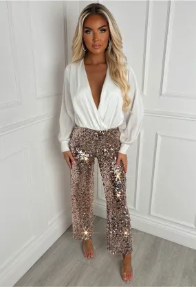 Shimmering Chic Rose Gold Stretch Sequin Flared Trousers