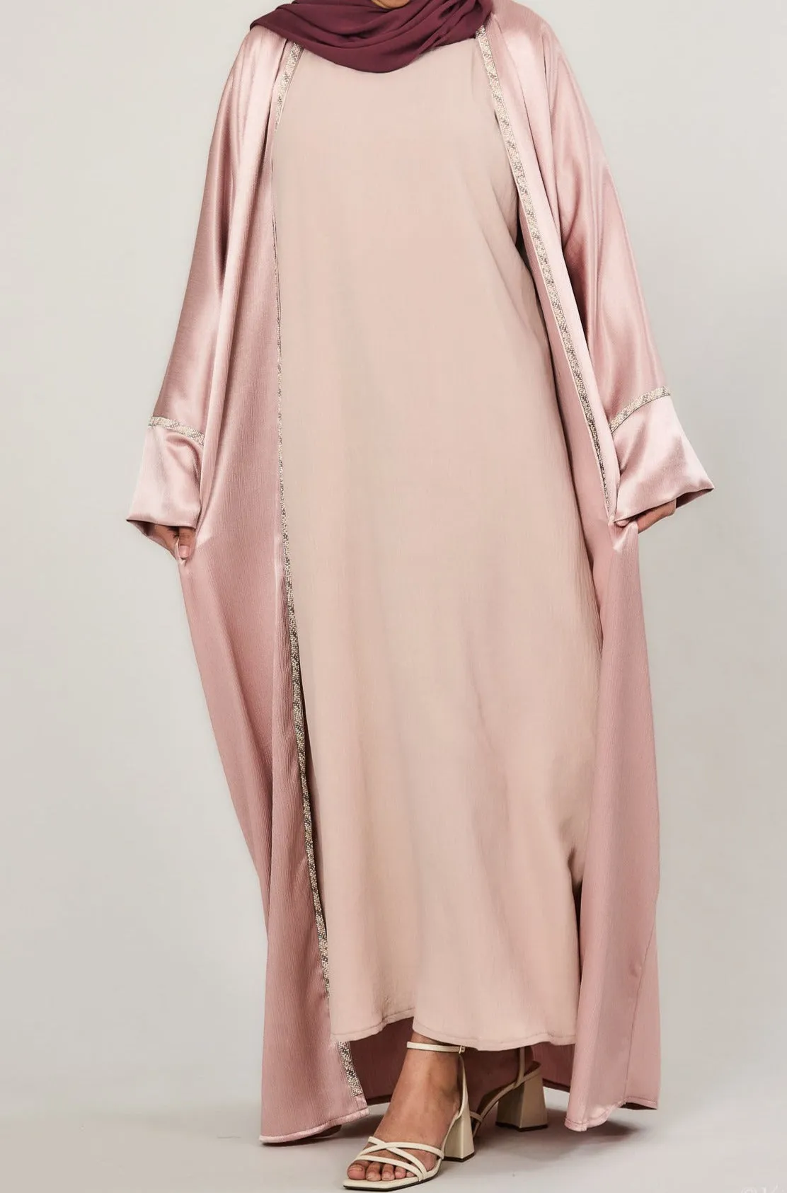 Short-Sleeved Crinkle Abaya Slip Dress Blush