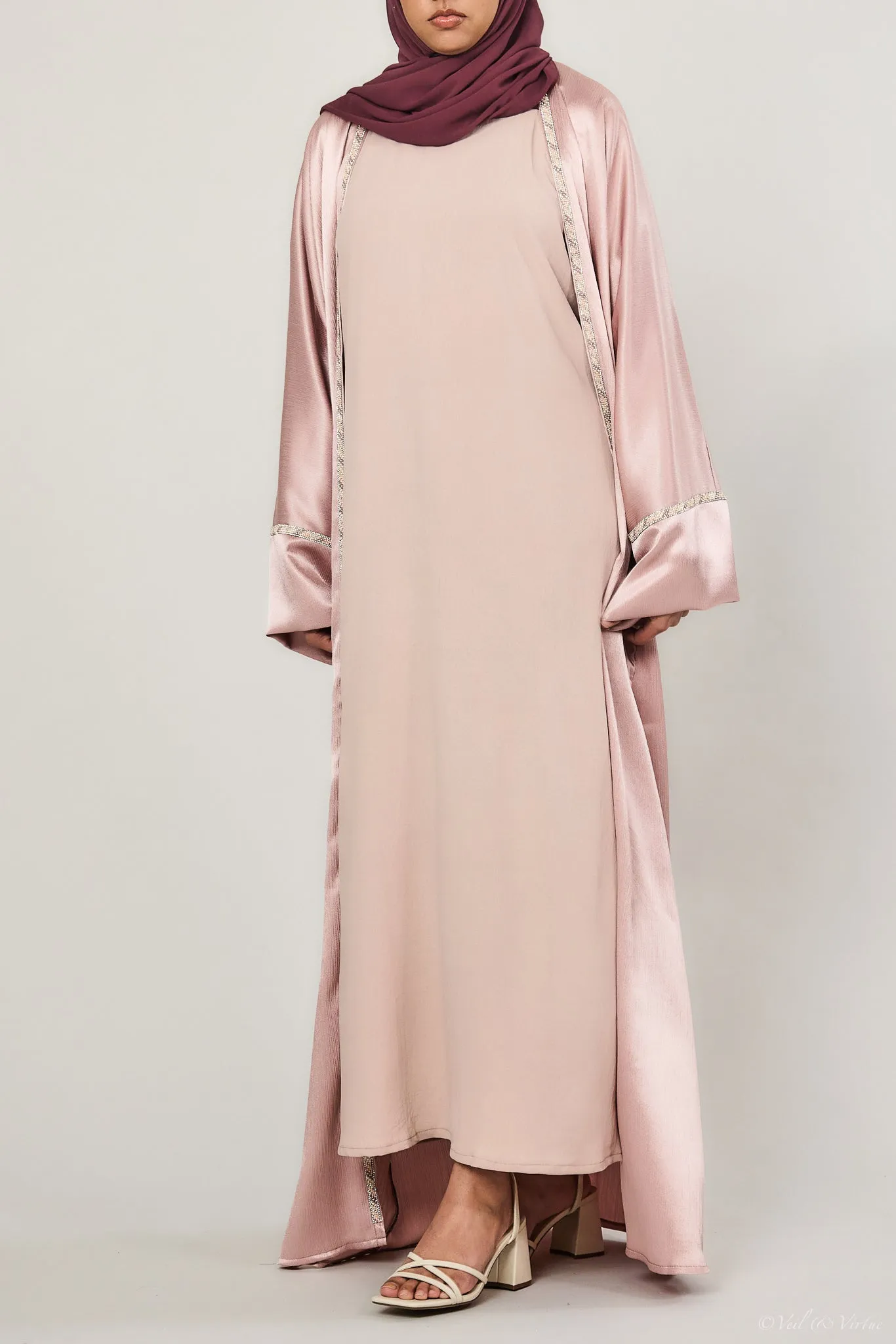 Short-Sleeved Crinkle Abaya Slip Dress Blush