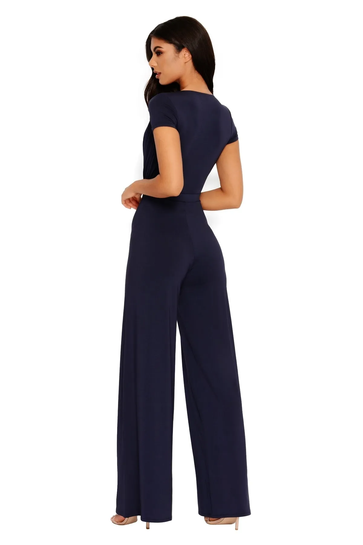 Sleeve It To Me Extreme Plunge Wide Leg Jumpsuit in Navy