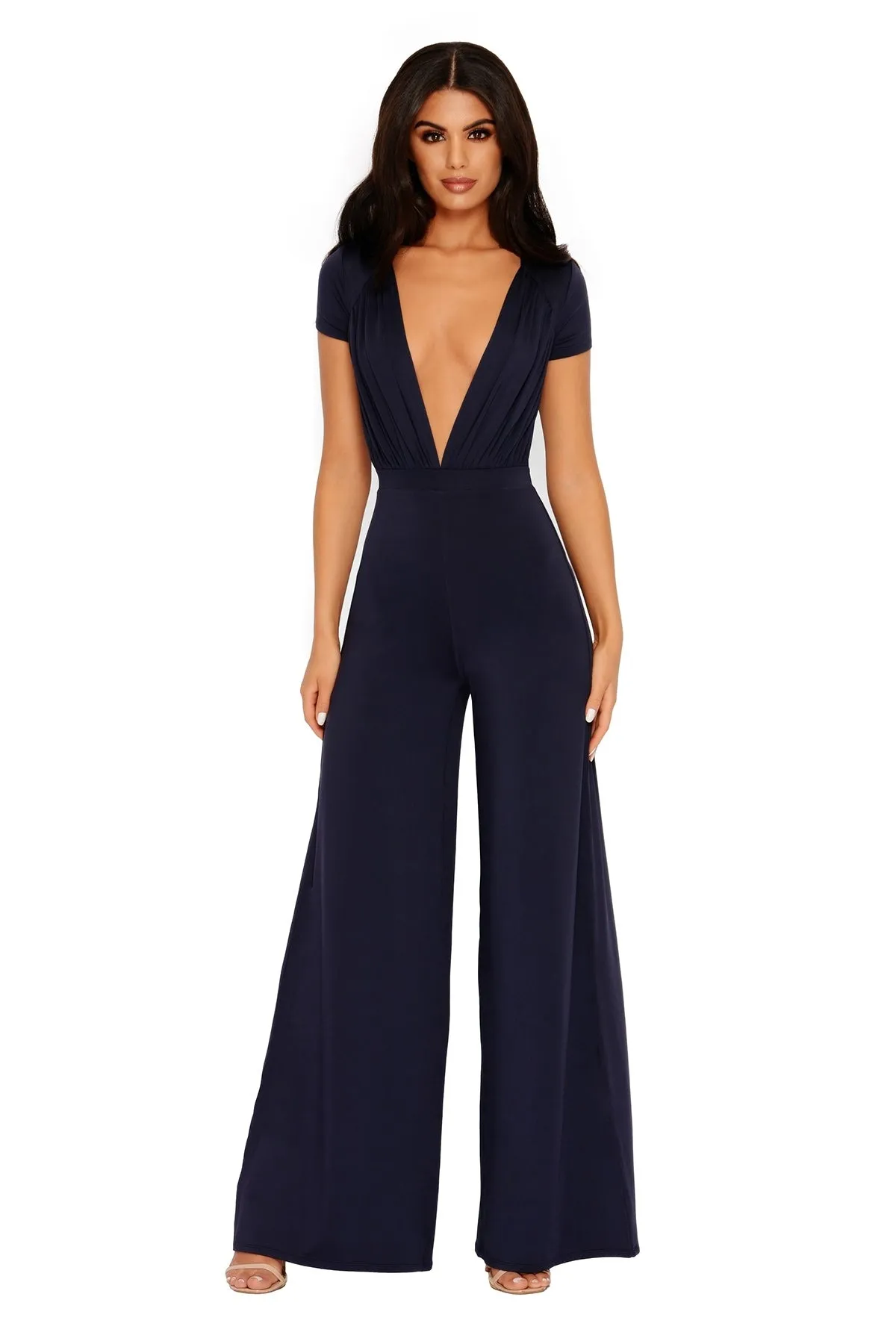 Sleeve It To Me Extreme Plunge Wide Leg Jumpsuit in Navy