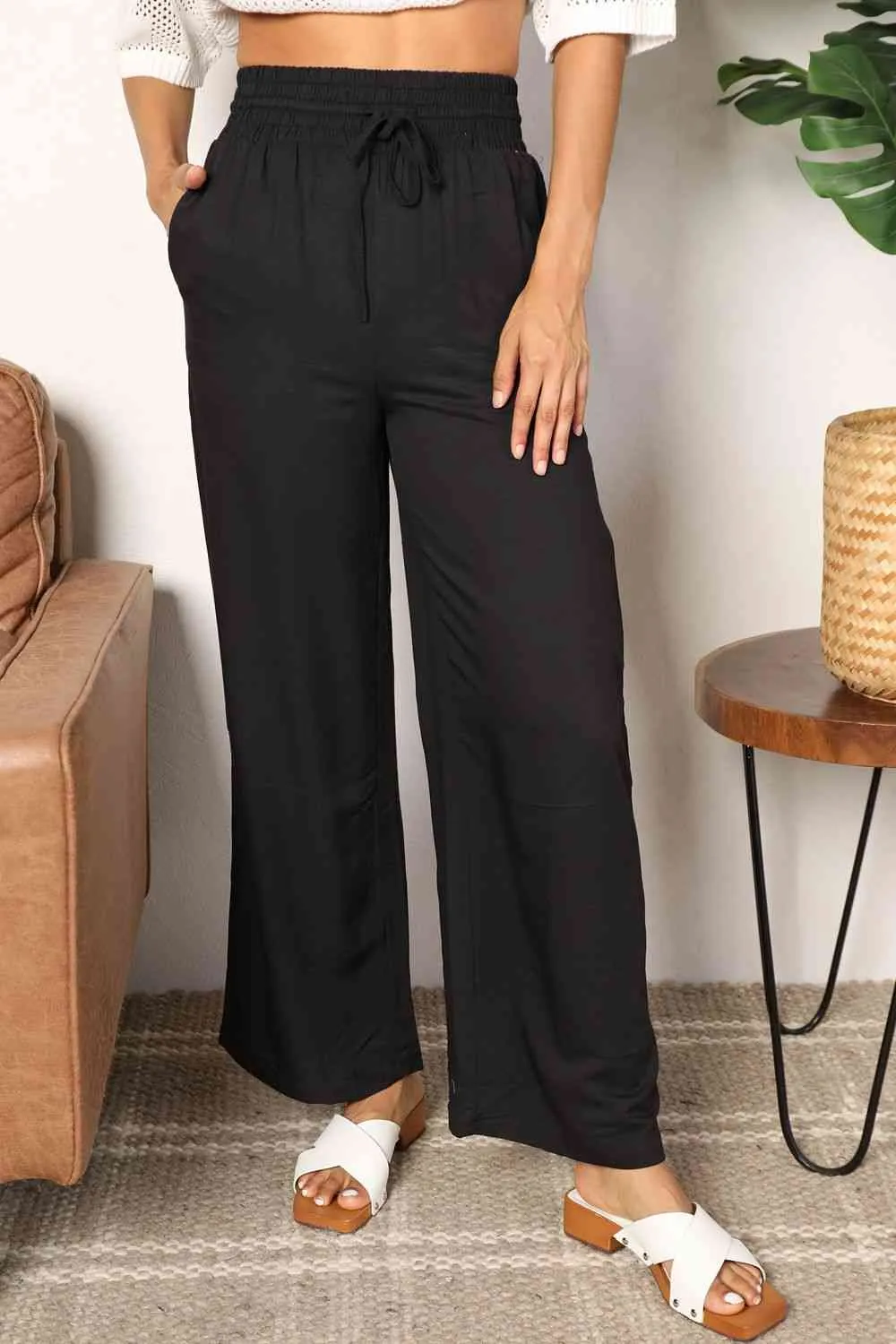 Smocked Drawstring Elastic High Waist Wide Leg Pants (Camel/Black)