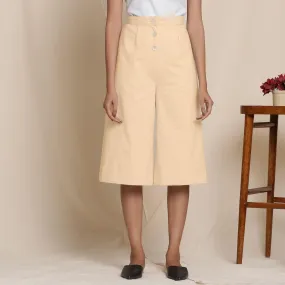 Solid Beige Warm Cotton Flannel High-Rise Culottes