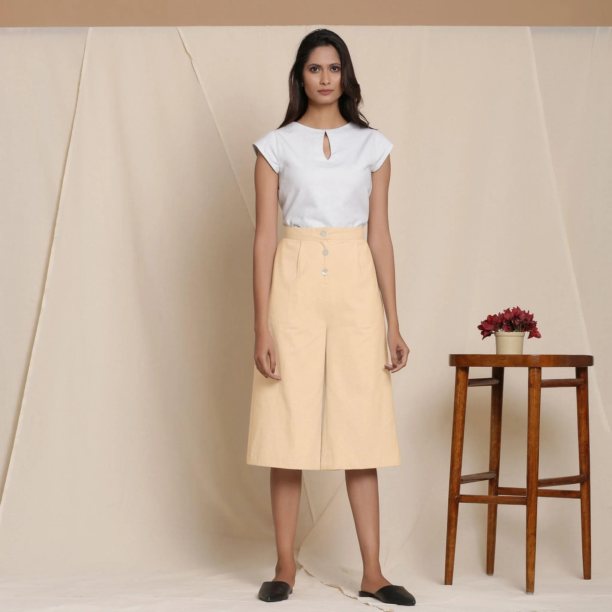 Solid Beige Warm Cotton Flannel High-Rise Culottes