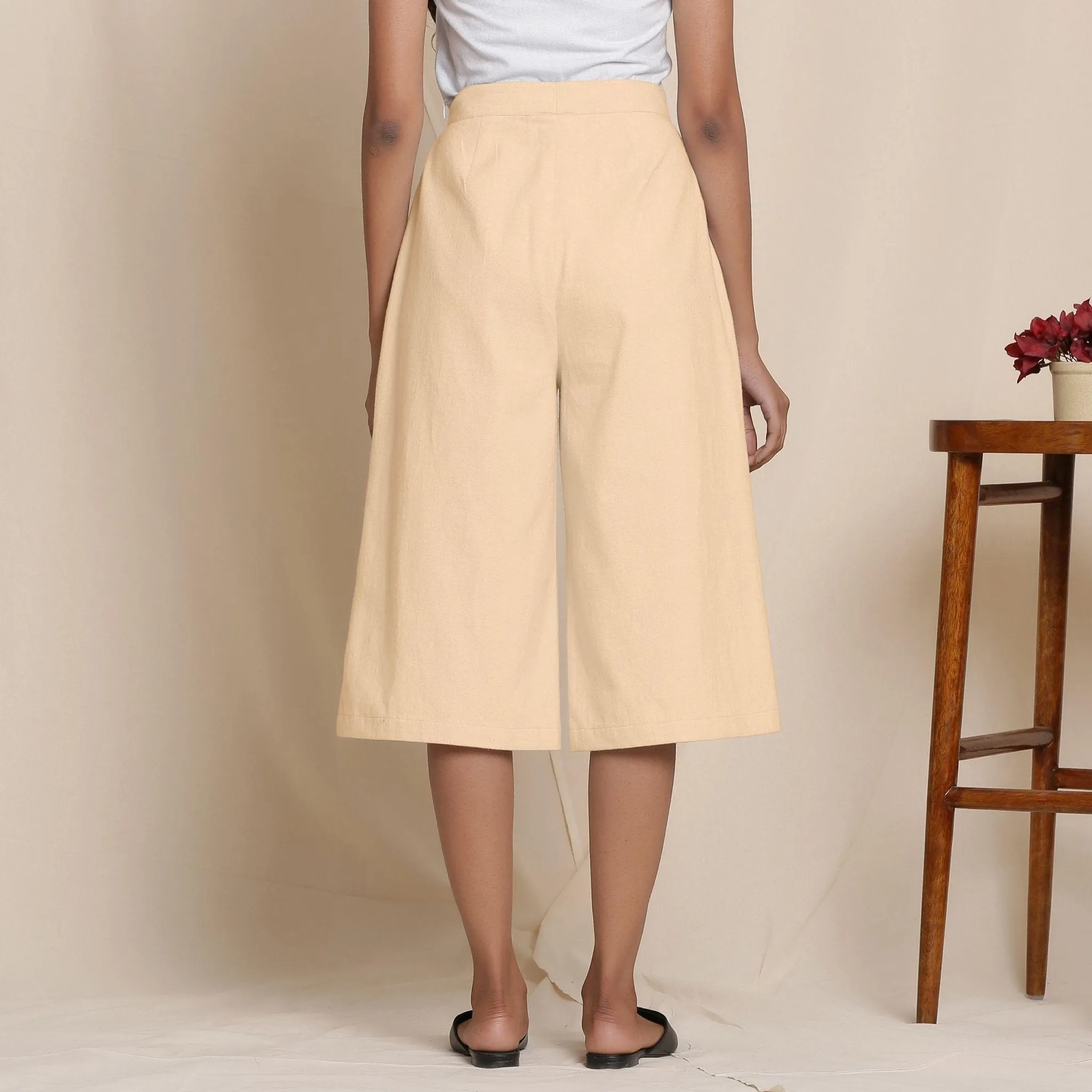 Solid Beige Warm Cotton Flannel High-Rise Culottes