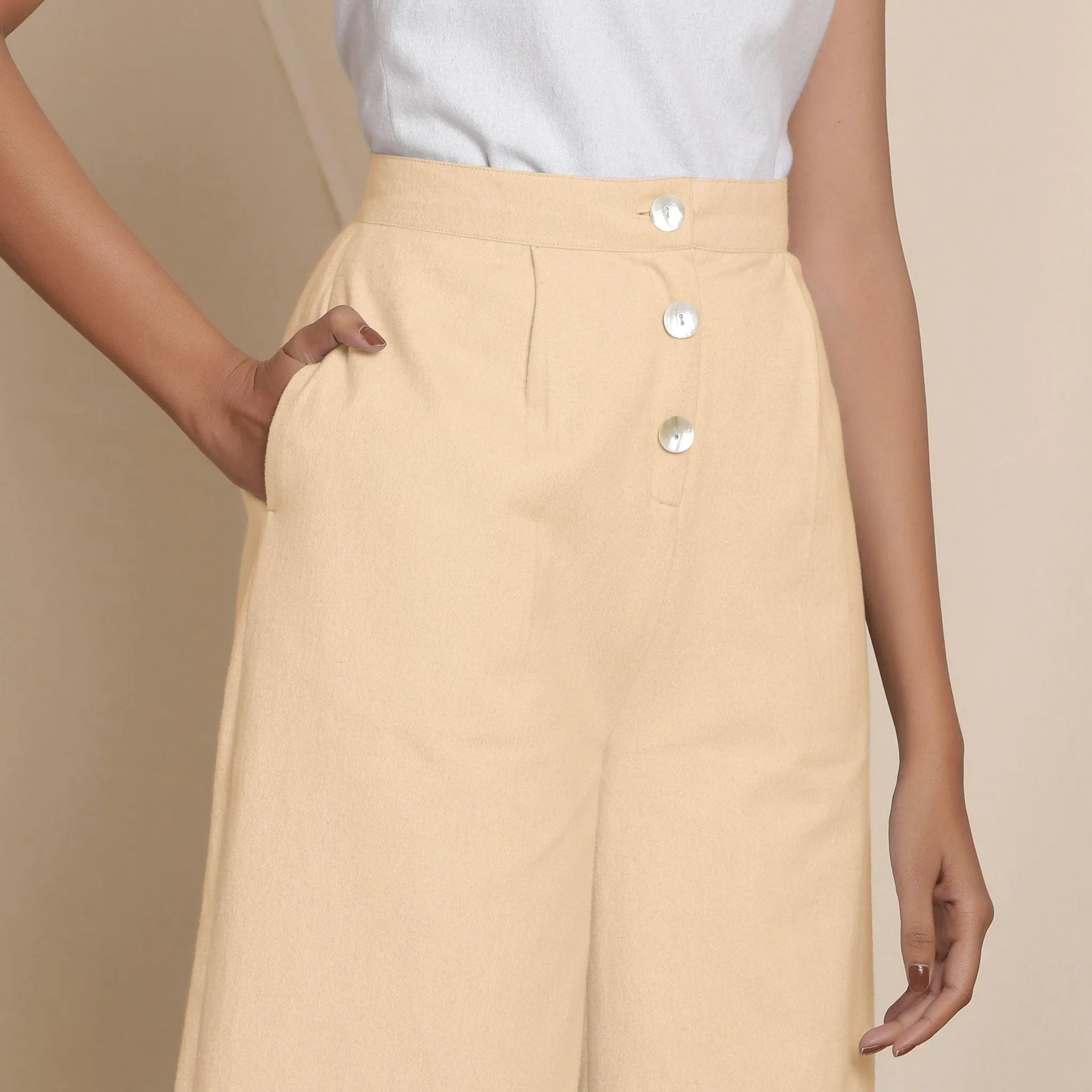 Solid Beige Warm Cotton Flannel High-Rise Culottes