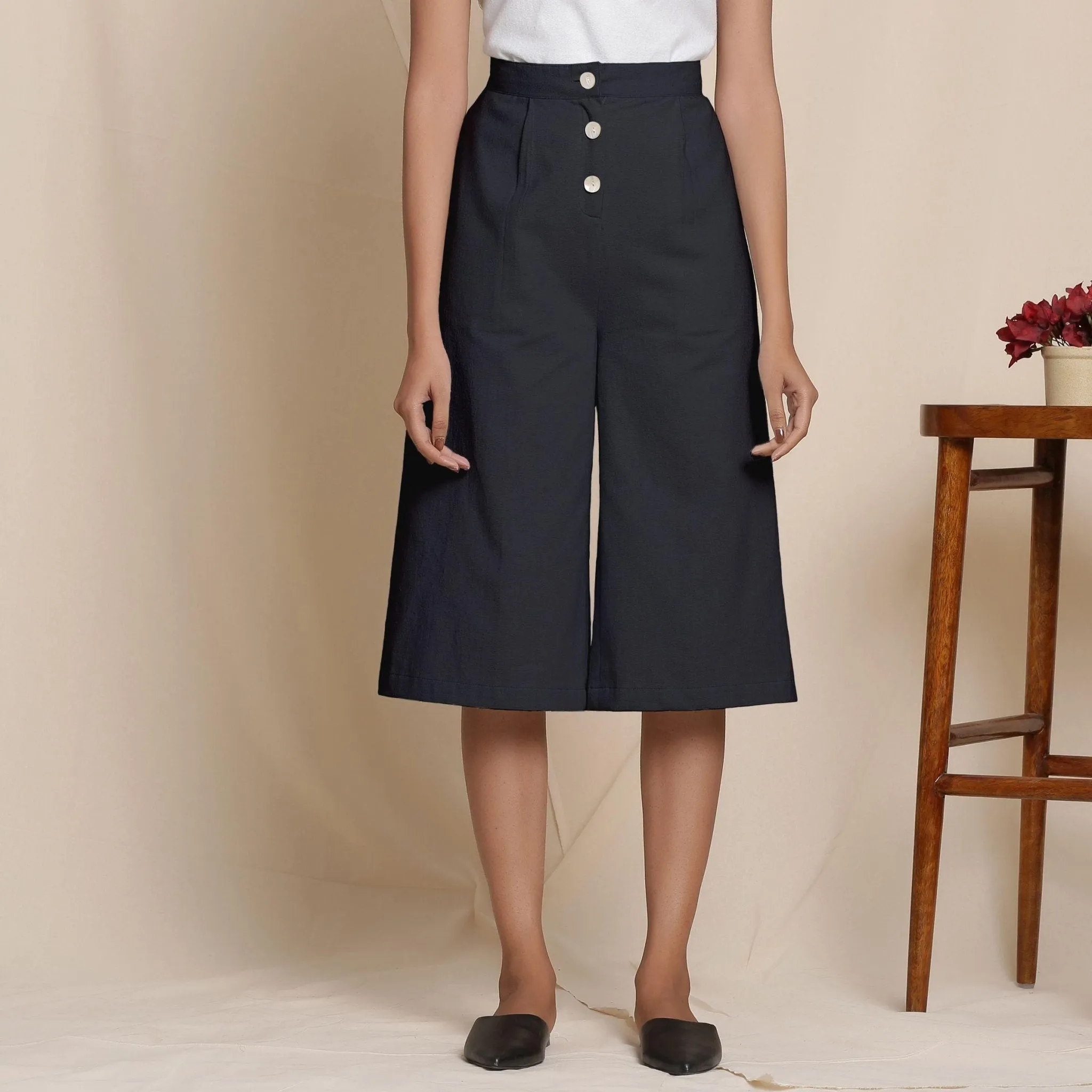 Solid Black Warm Cotton Flannel High-Rise Culottes