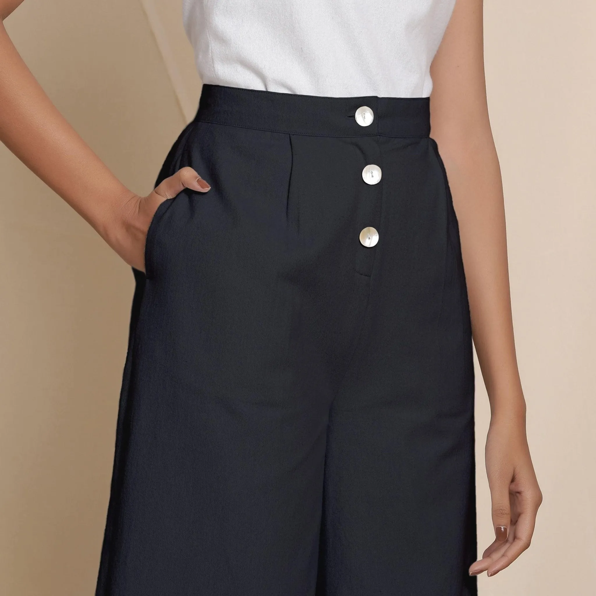 Solid Black Warm Cotton Flannel High-Rise Culottes